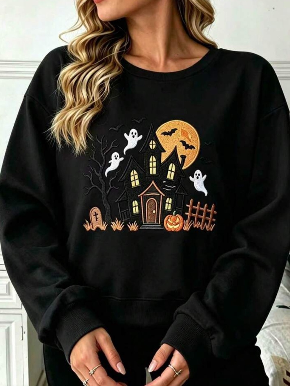 Black Halloween Haunted House Pullover Sweatshirt